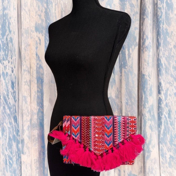 Ethnic Boho Large Clutch Suede Wristlet Bag Handmade Embroidery Tassels Indi NEW - Picture 2 of 16
